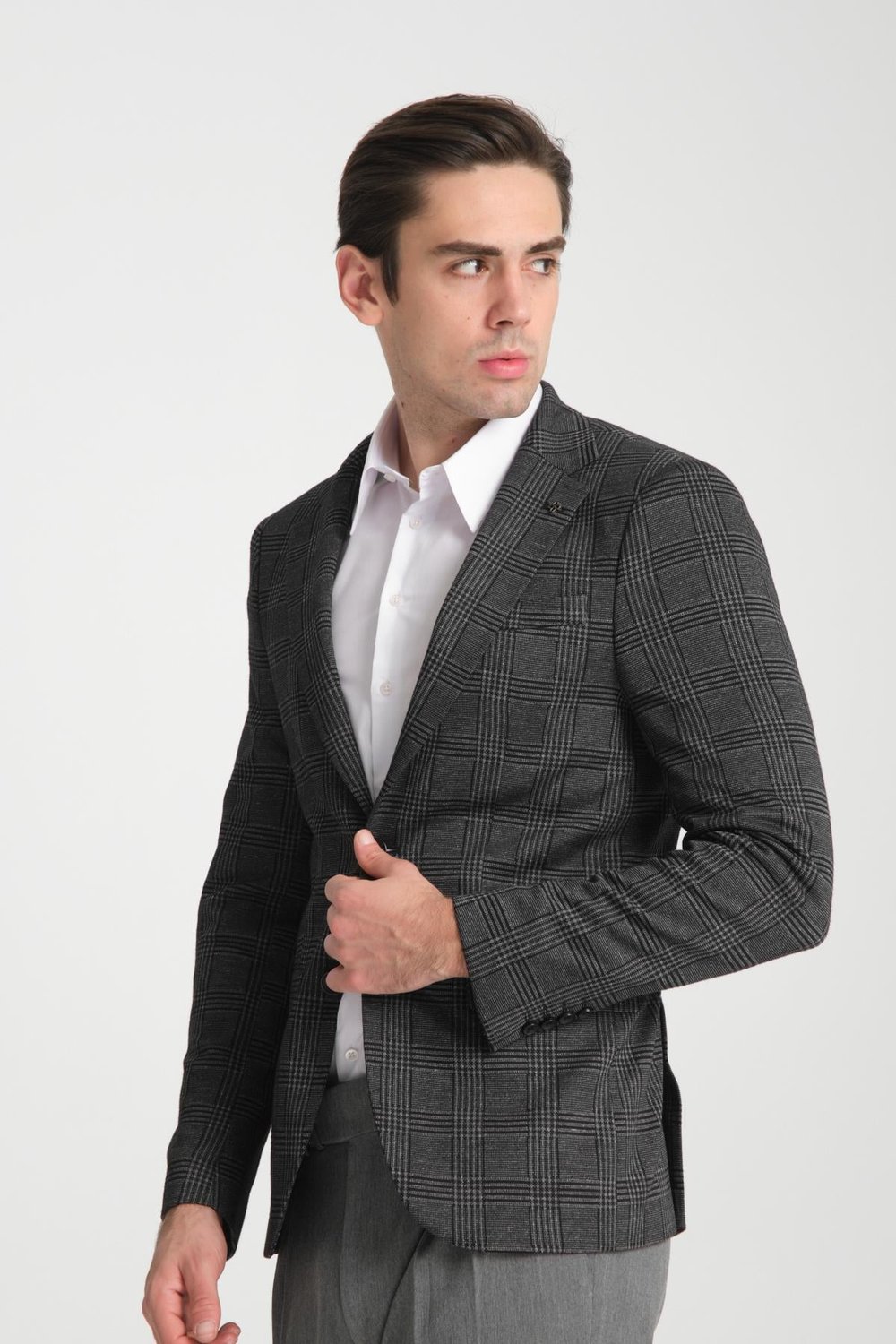 Ribas Erkek Siyah Likralı Pamuk Karışımlı Ekose Desenli Slim Fit Spor Blazer Ceket