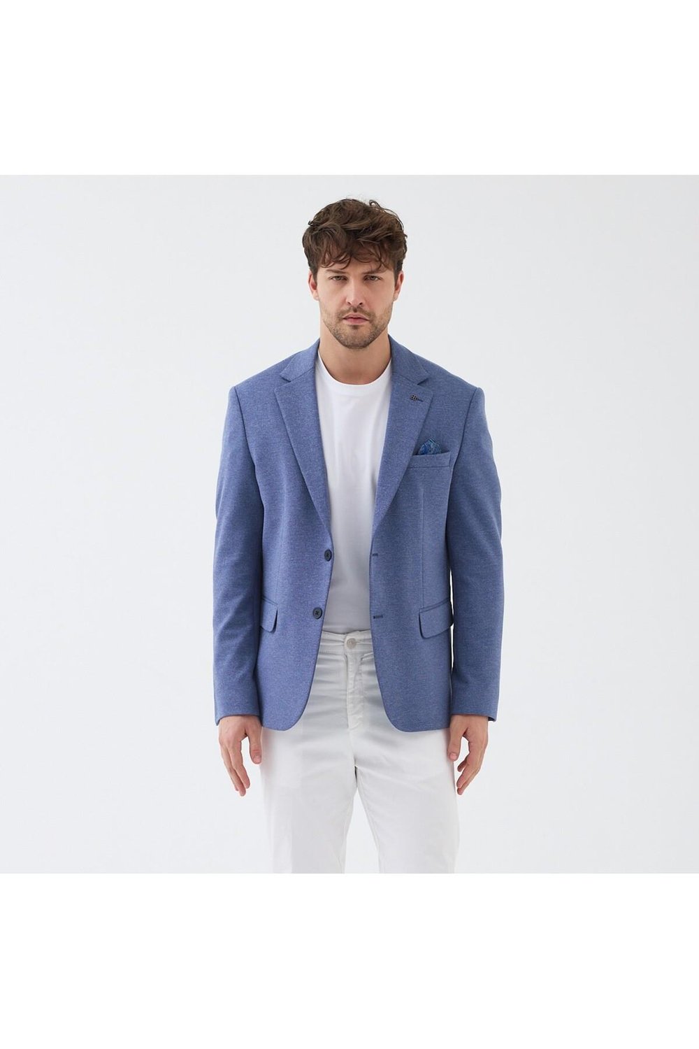 Savue Erkek Açık Lacivert Pamuk Karışımlı Likralı Esneyen Kumaşlı Spor Blazer Ceket