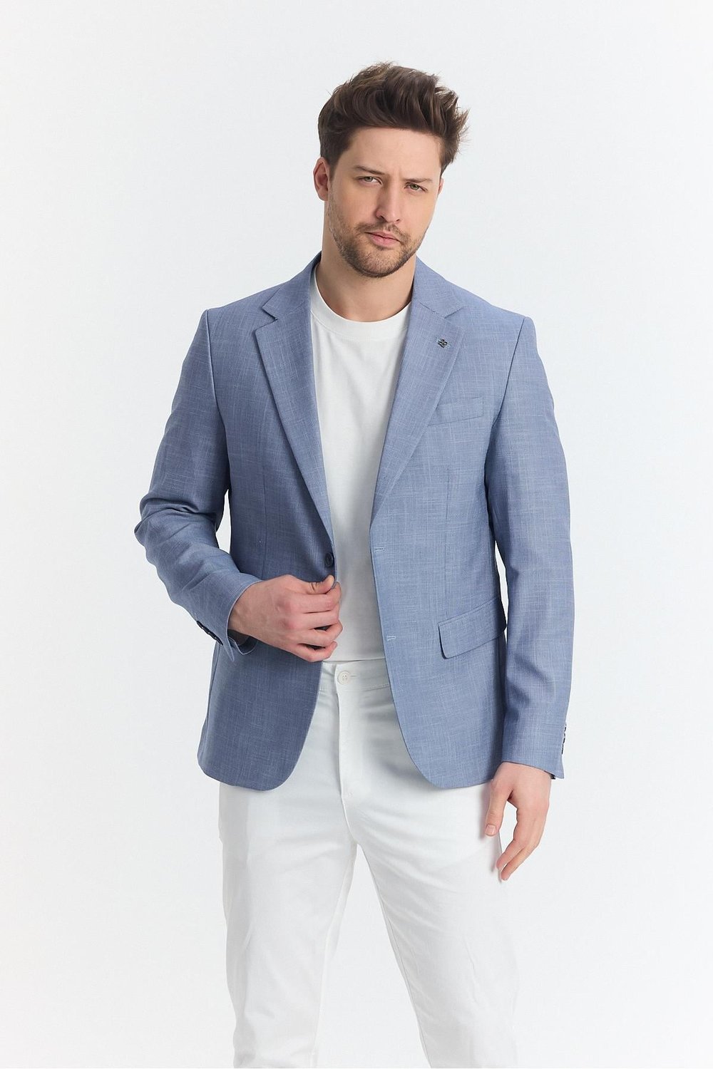 Tacues Erkek İndigo Yarım Astarlı Kapak Cepli Keten Karışımlı İlkbahar-Yaz Spor Blazer Ceket