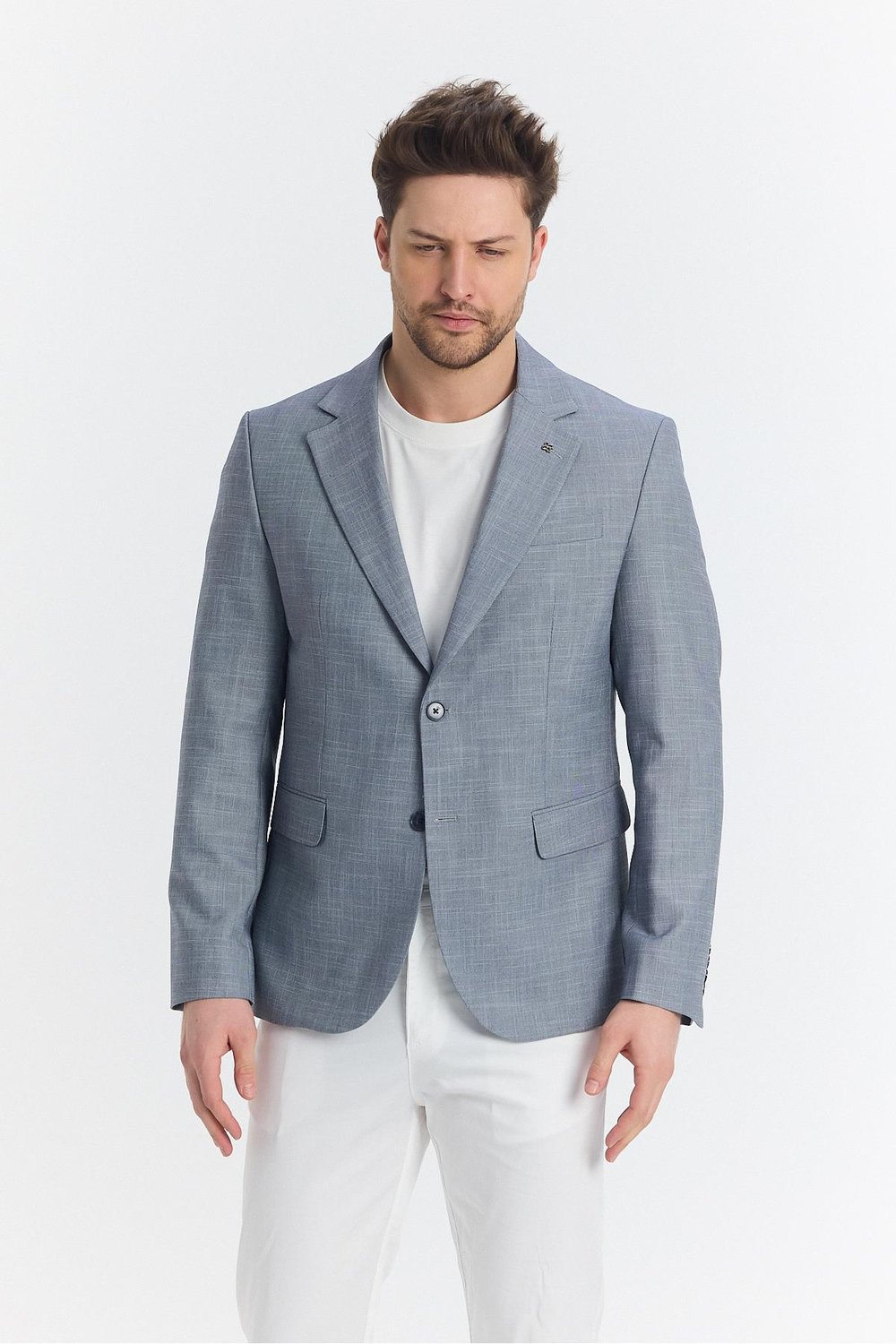 Tacues Erkek Lacivert Yarım Astarlı Kapak Cepli Keten Karışımlı İlkbahar-Yaz Spor Blazer Ceket