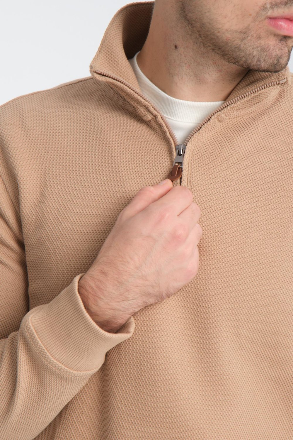 Unisex Regular Fit Pamuklu Petek Örgülü Yarım Fermuarlı Dik Yaka Sweatshirt