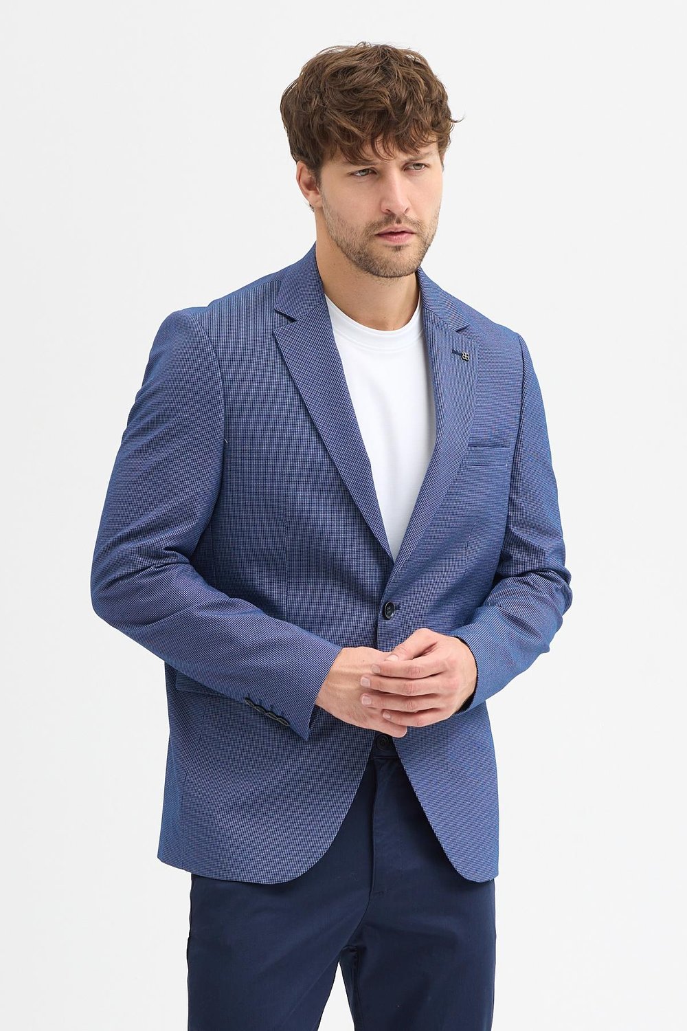 Valdo Erkek Açık Lacivert Poliviskon Kumaşlı Mono Yaka Slim Fit Spor Blazer Ceket