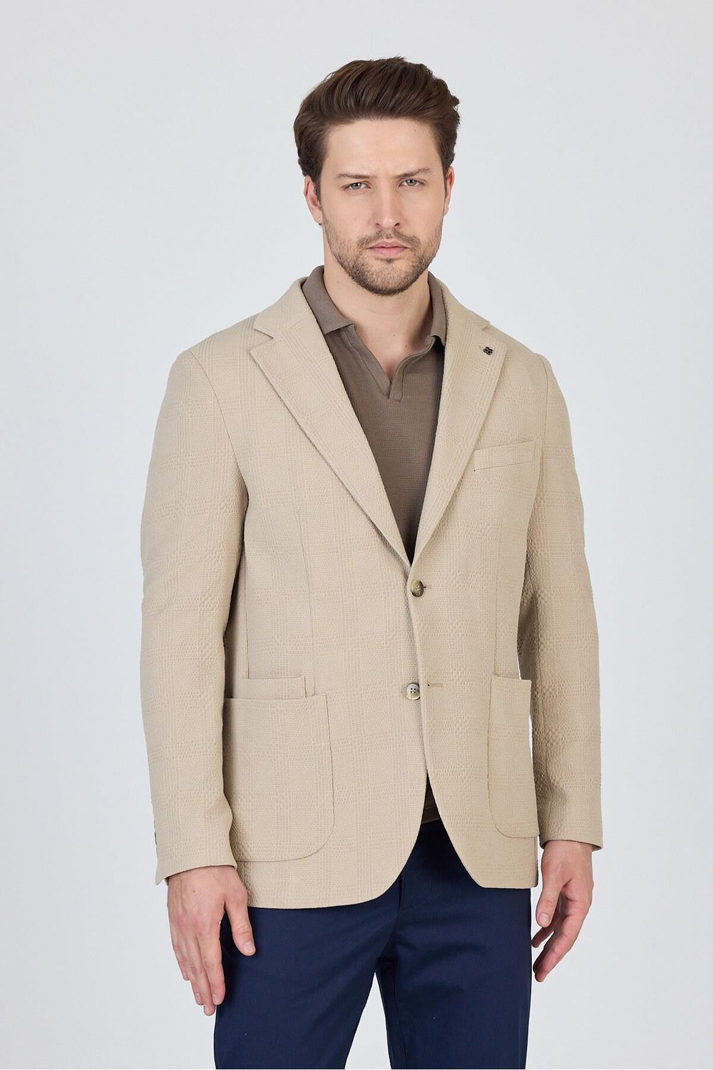 Vitanes Erkek Bej Astarsız Soft Ekose Esneyen Kumaş Likralı Spor Blazer Ceket