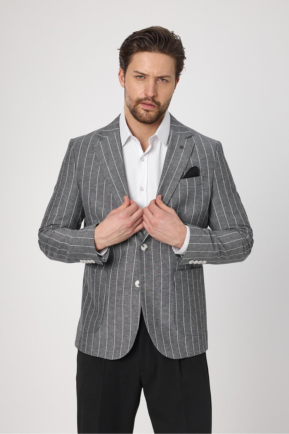 Vitao Erkek Siyah İtalyan Çizgili Keten Karışımlı İlkbahar-Yazlık Blazer Ceket