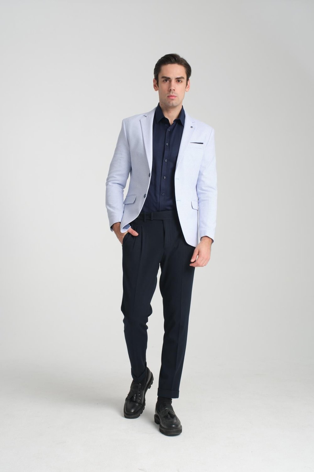 VRDD Erkek Beyaz-Lacivert Battal Büyük Beden Regular Fit  Mono Yaka Casual Blazer Ceket