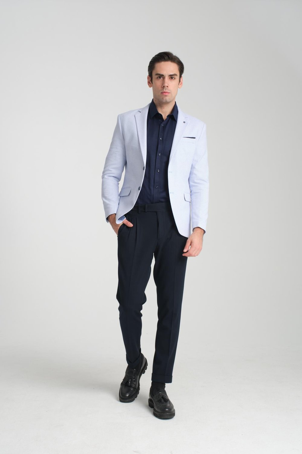 VRDD Erkek Beyaz-Lacivert Battal Büyük Beden Regular Fit  Mono Yaka Casual Blazer Ceket