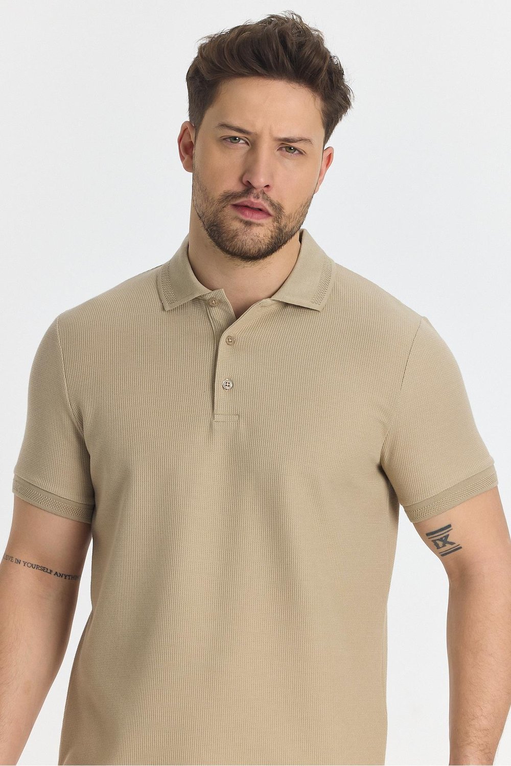Walfer Erkek Bej Likralı Pamuk Karışımlı Yaka Detaylı Slim Fit Kıvrılmaz Polo Yaka T-Shirt