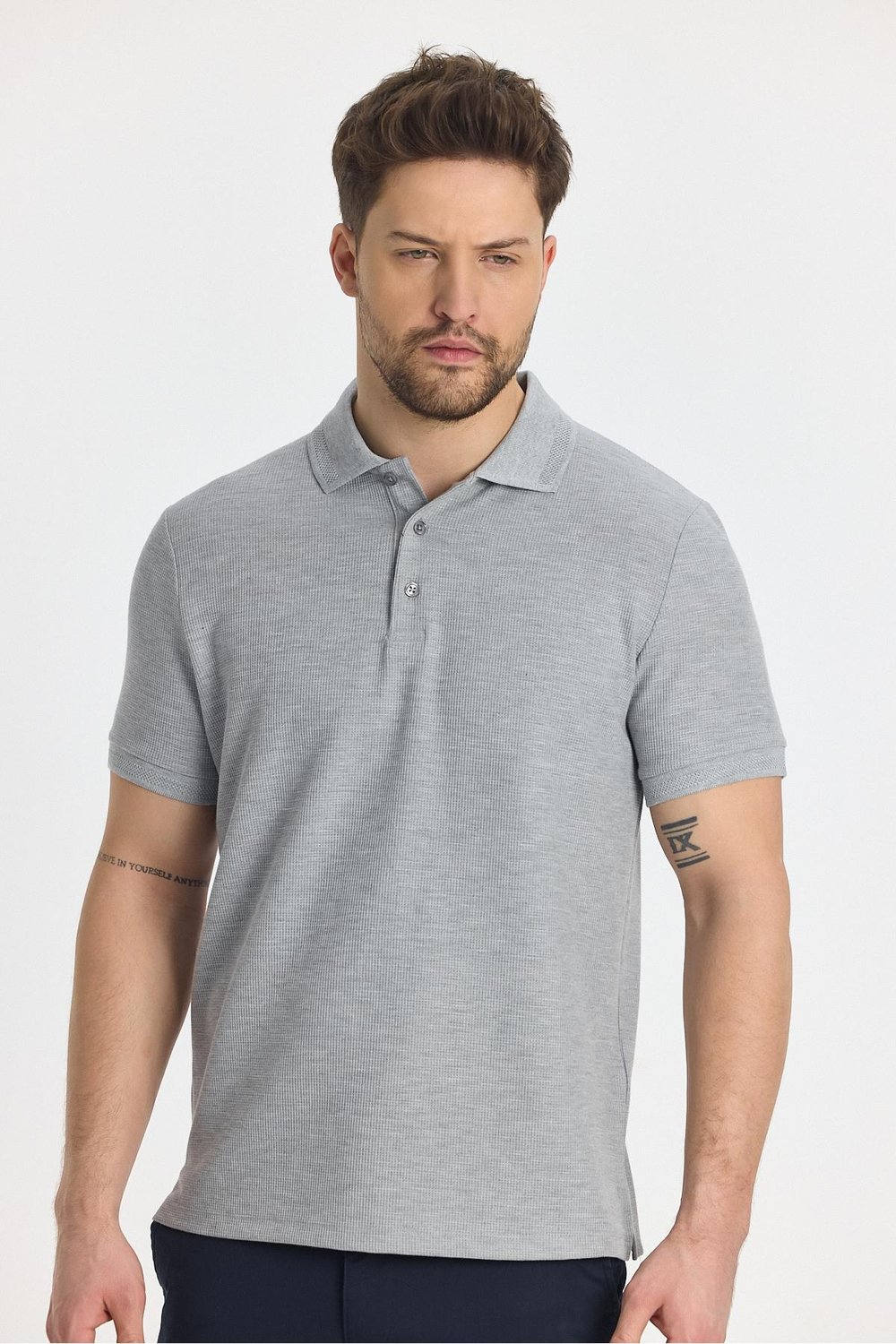 Walfer Erkek Gri Likralı Pamuk Karışımlı Yaka Detaylı Slim Fit Kıvrılmaz Polo Yaka T-Shirt