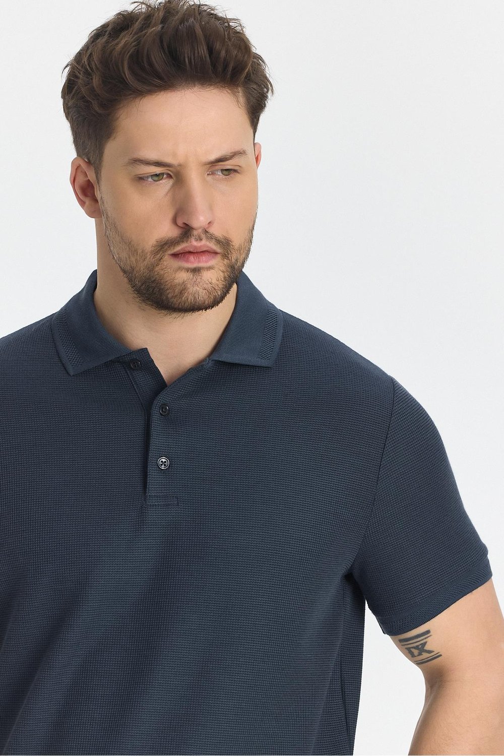 Walfer Erkek Lacivert Likralı Pamuk Karışımlı Yaka Detaylı Slim Fit Kıvrılmaz Polo Yaka T-Shirt