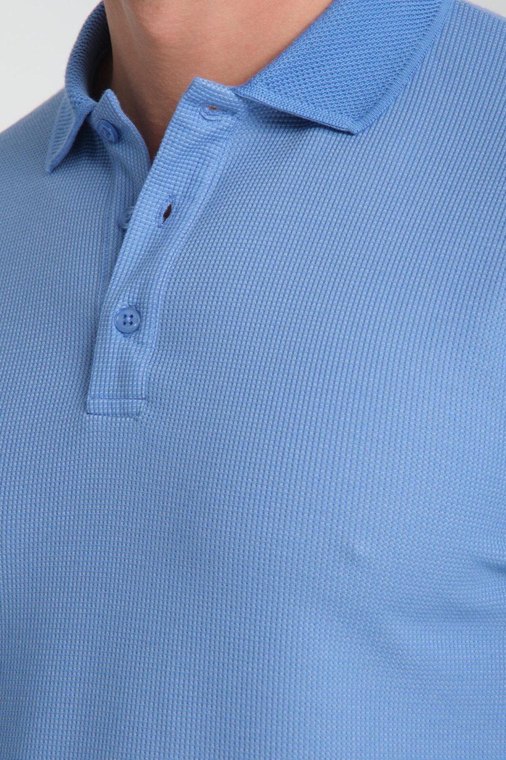 Walfer Erkek Mavi %100 Pamuk Waffle Çekmeyen Kumaş Slim Fit Kıvrılmaz Polo Yaka Tişört