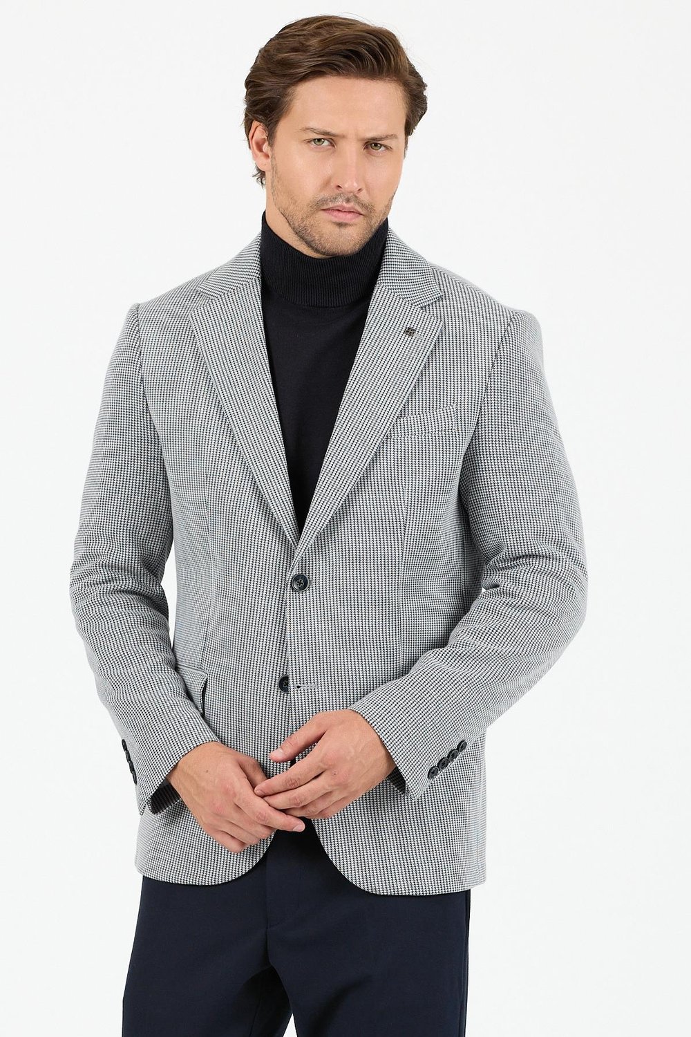 Yumas Erkek Açık Lacivert Esneyen Likralı Pamuk Karışımlı Örme Kumaşlı Spor Blazer Ceket