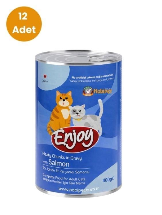 Enjoy Sos İçinde Et Parçacıklı Somonlu Yetişkin Kedi Konservesi 400 gr (12 Adet)