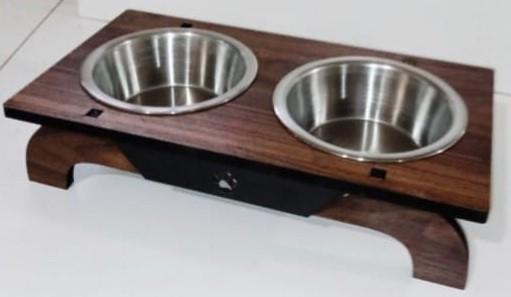 Hobi Köşeli Ahşap Ayaklı İkili Metal Kedi Köpek Mama Ve Su Kabı Ef325