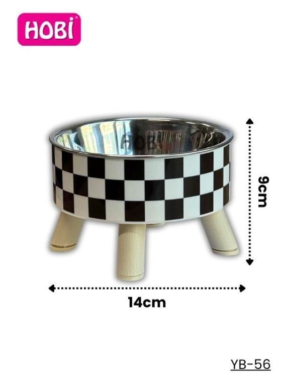 Hobi YB-56 Damalı Desenli Plastik Ayaklı Paslanmaz Çelik Mama Kabı 14 cm