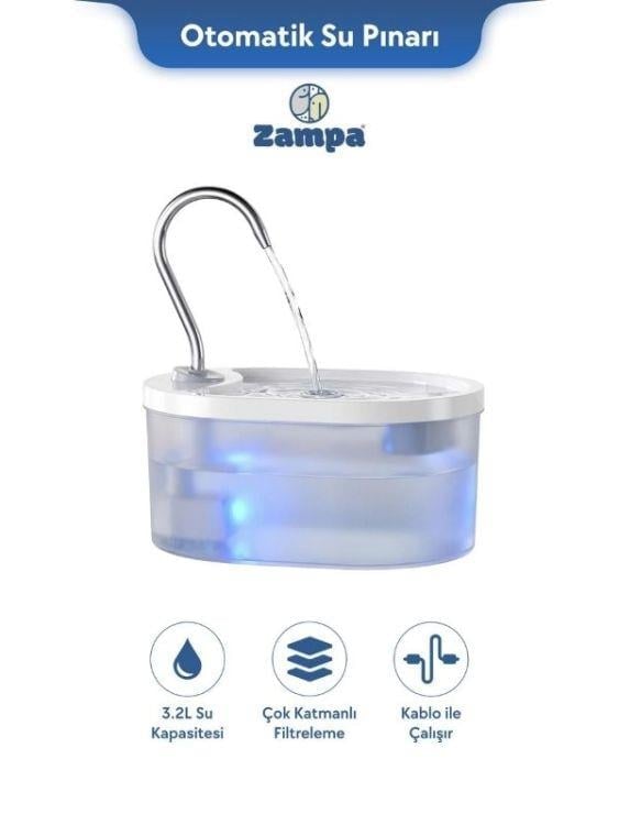 Zampa PWF-01 Oval Pet Otomatik Su Pınarı Beyaz 3.2 Litre