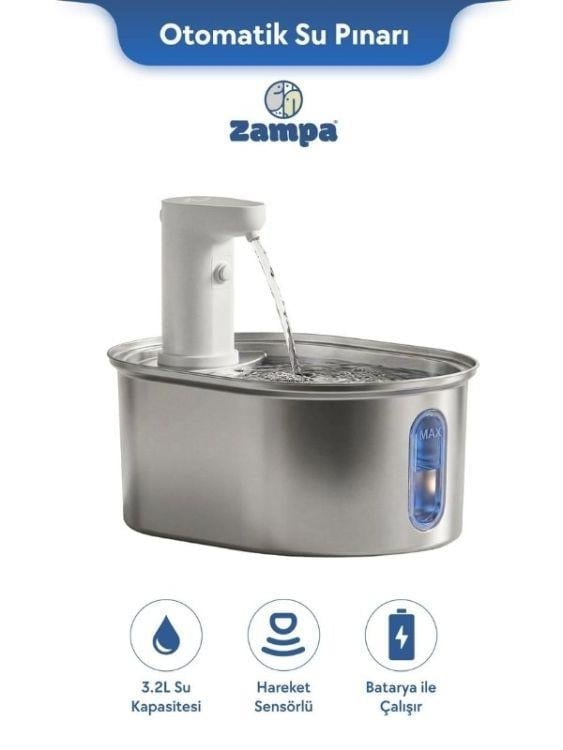 Zampa SPF-02TR Oval Paslanmaz Çelik Pet Otomatik Su Pınarı Bataryalı 3.2 Litre