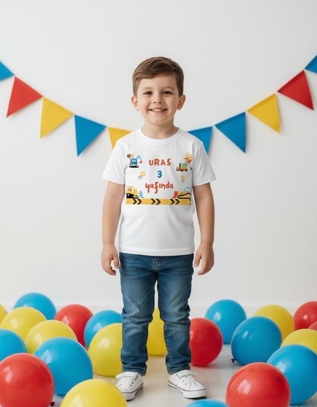 İsme Özel Doğum Günü Hediyesi - İnşaat & Kepçe Temalı Çocuk Body/Tişört