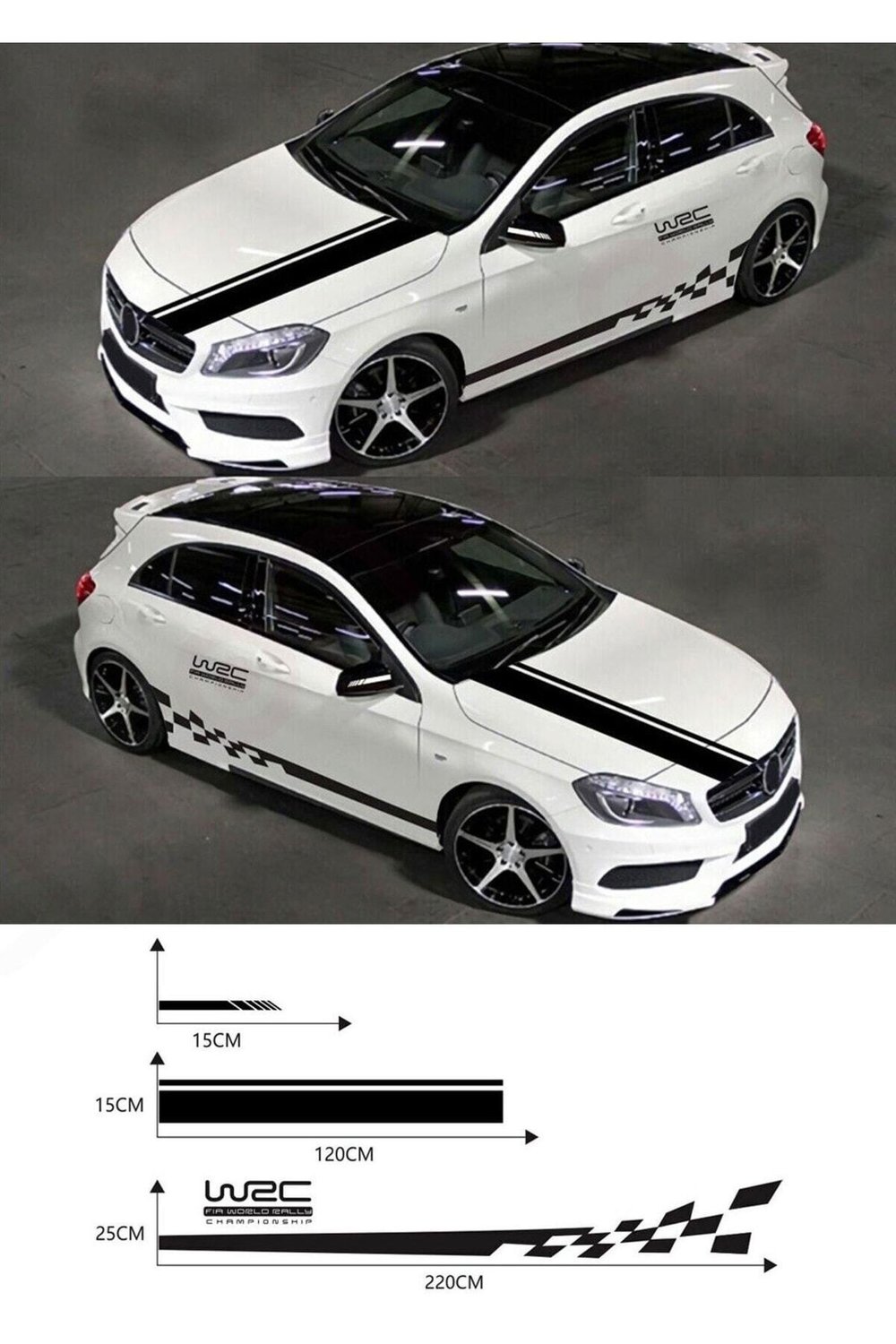 Oto özel yeni sticker Set Kaput-Marşpiyel-Yan Ayna 5 Parça Siyah 2,5*15 - 15*120 - 25*220 Cm