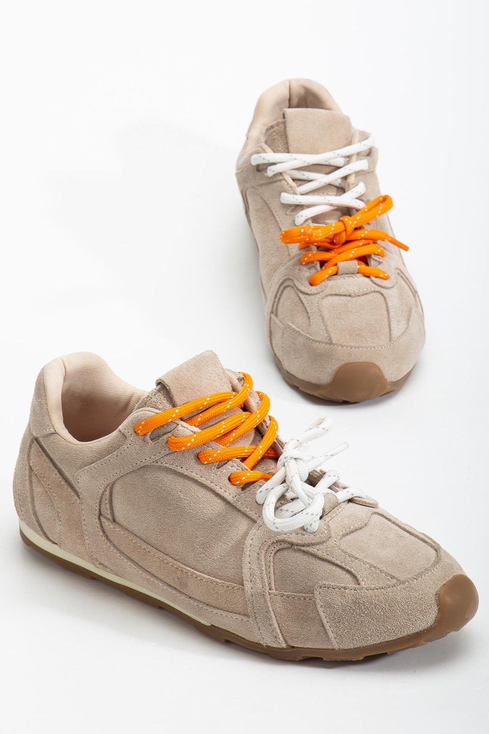 Hakiki Deri Ortapedik Rahat Taban Çift Renk Bağcıklı Bej Sneaker Süet Spor Ayakkabı