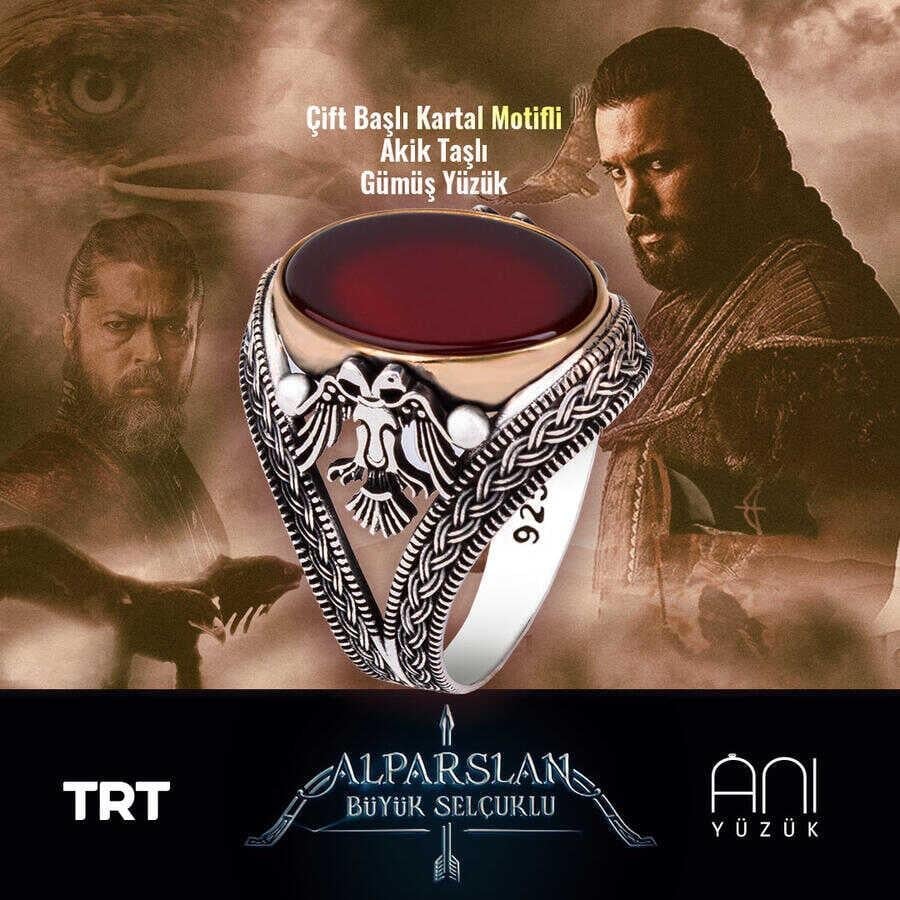 Çift Başlı Kartal Motifli Gümüş Yüzük - Akik Taşlı