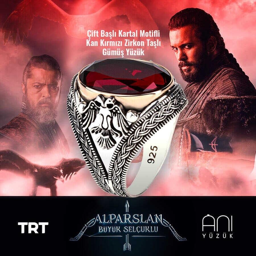 Çift Başlı Kartal Motifli Gümüş Yüzük - Zirkon Taşlı