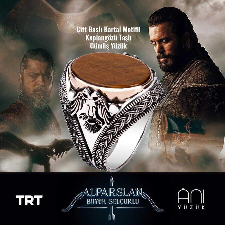 Çift Başlı Kartal Motifli Gümüş Yüzük - Kaplangözü Taşlı