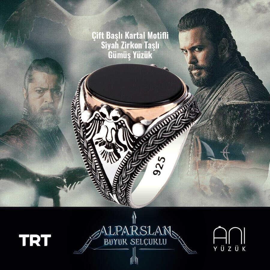 Çift Başlı Kartal Motifli Gümüş Yüzük - Zirkon Taşlı