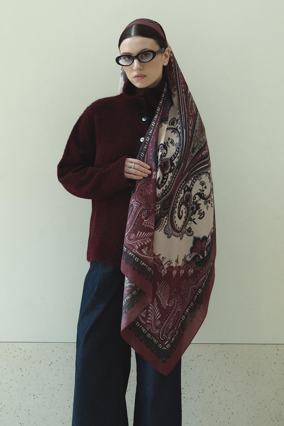 Bordo Bloom Paisley Yün İpek Şal