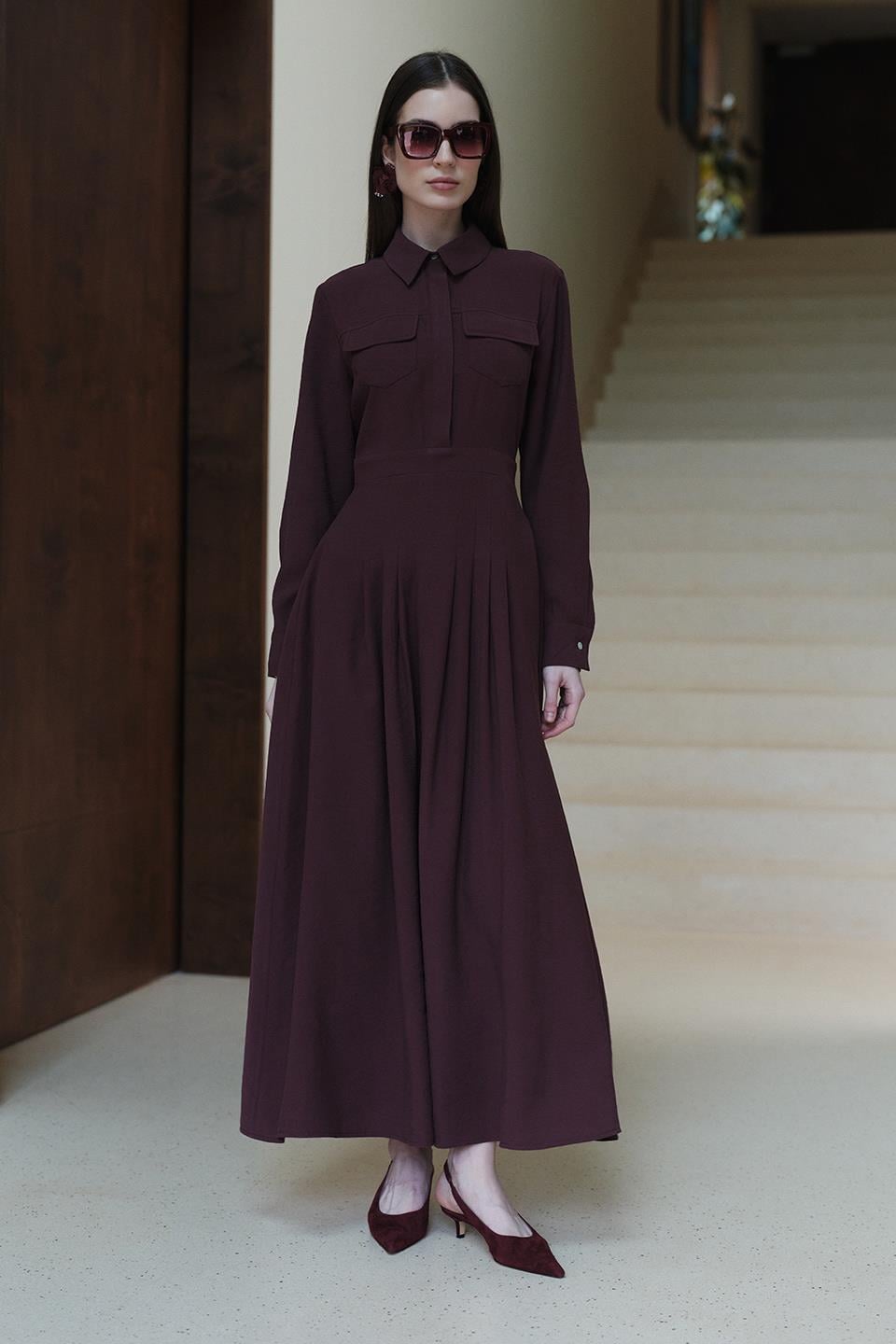 Bordo Camille Pile Detaylı Elbise