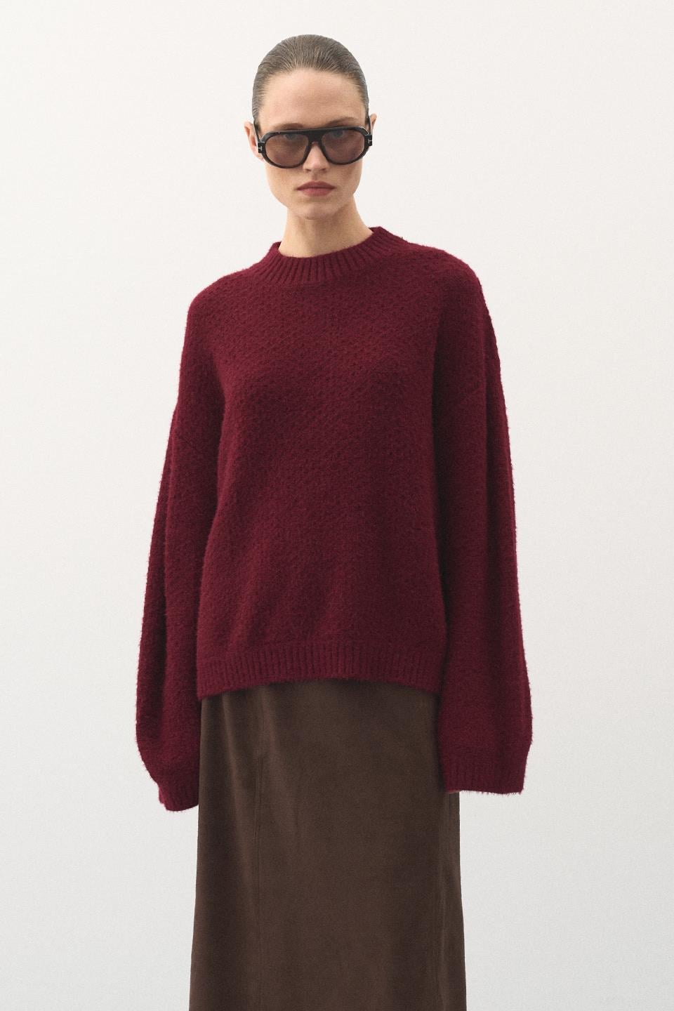 Oversize Örgü Kazak Bordo