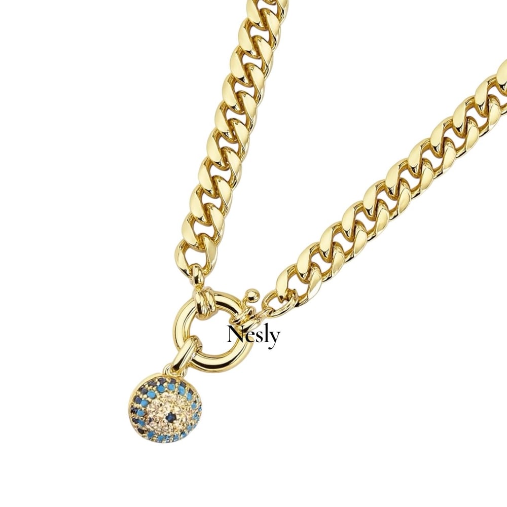 14k Gold Gemici Kilit Nazar Boncuklu Gurmet Zincir Kolye