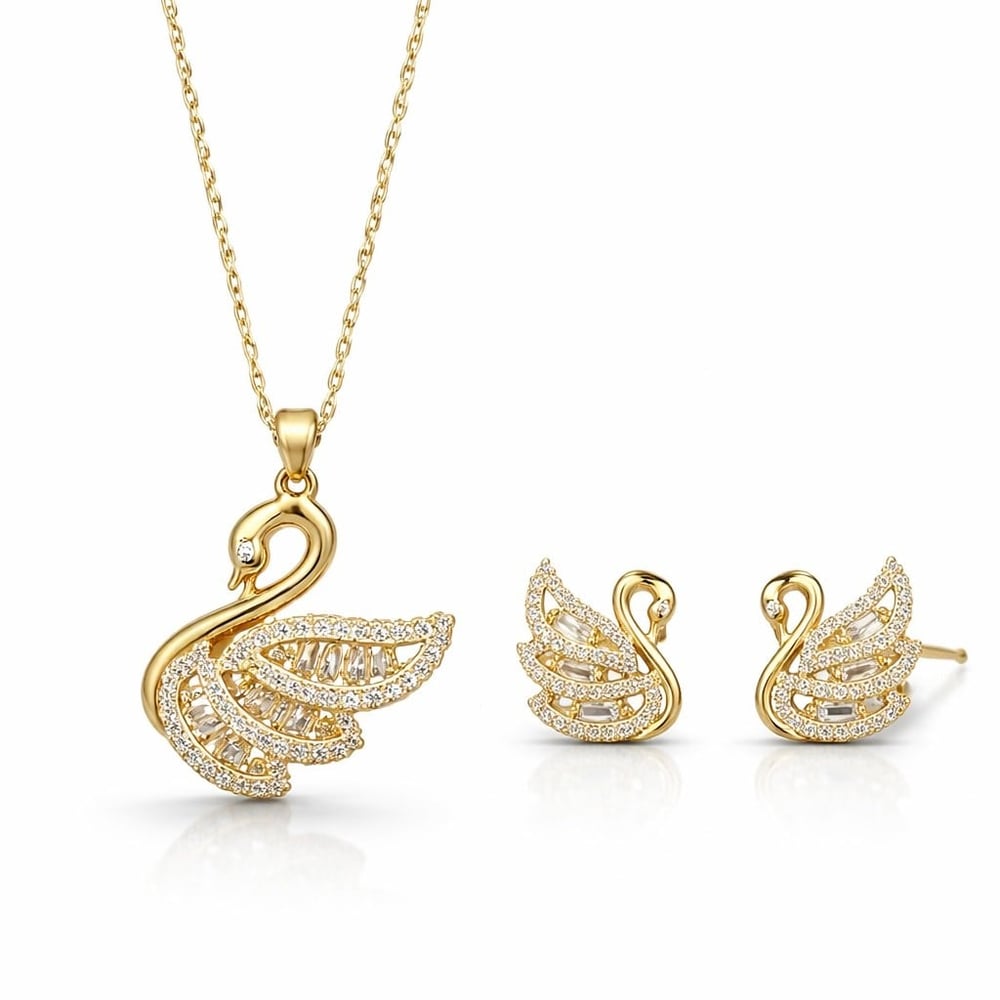 14K Gold Kuğu Kolye Küpe Seti