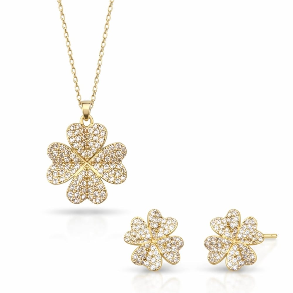 14K Gold Yonca Kolye Küpe Seti