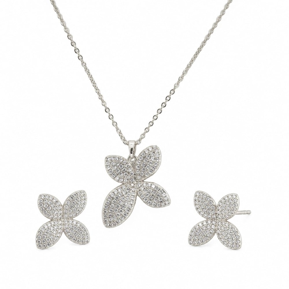 14K White Gold Kolye Küpe Seti