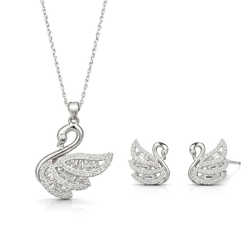 14K White Gold Kuğu Kolye Küpe Seti