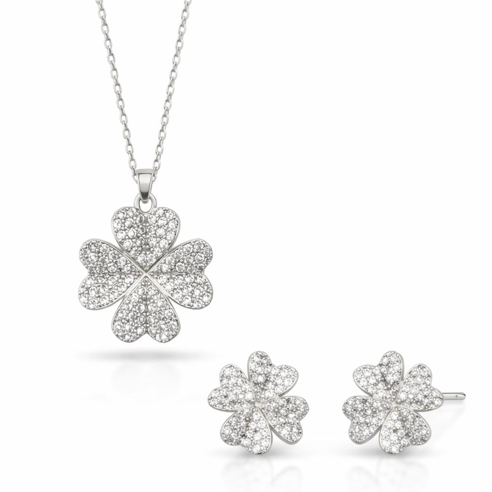 14K White Gold Yonca Kolye Küpe Seti