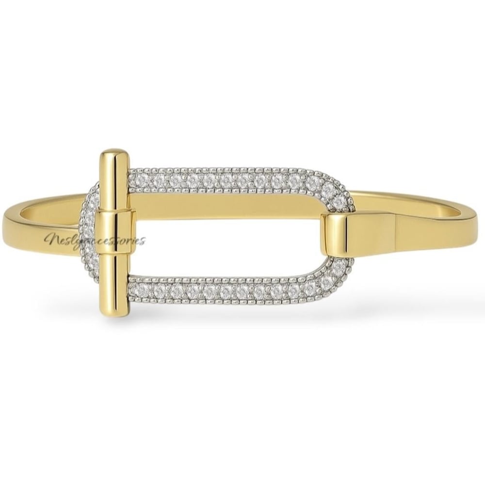 Zirkon Taşlı Gold Oval Form Kapamalı Kelepçe Bileklik