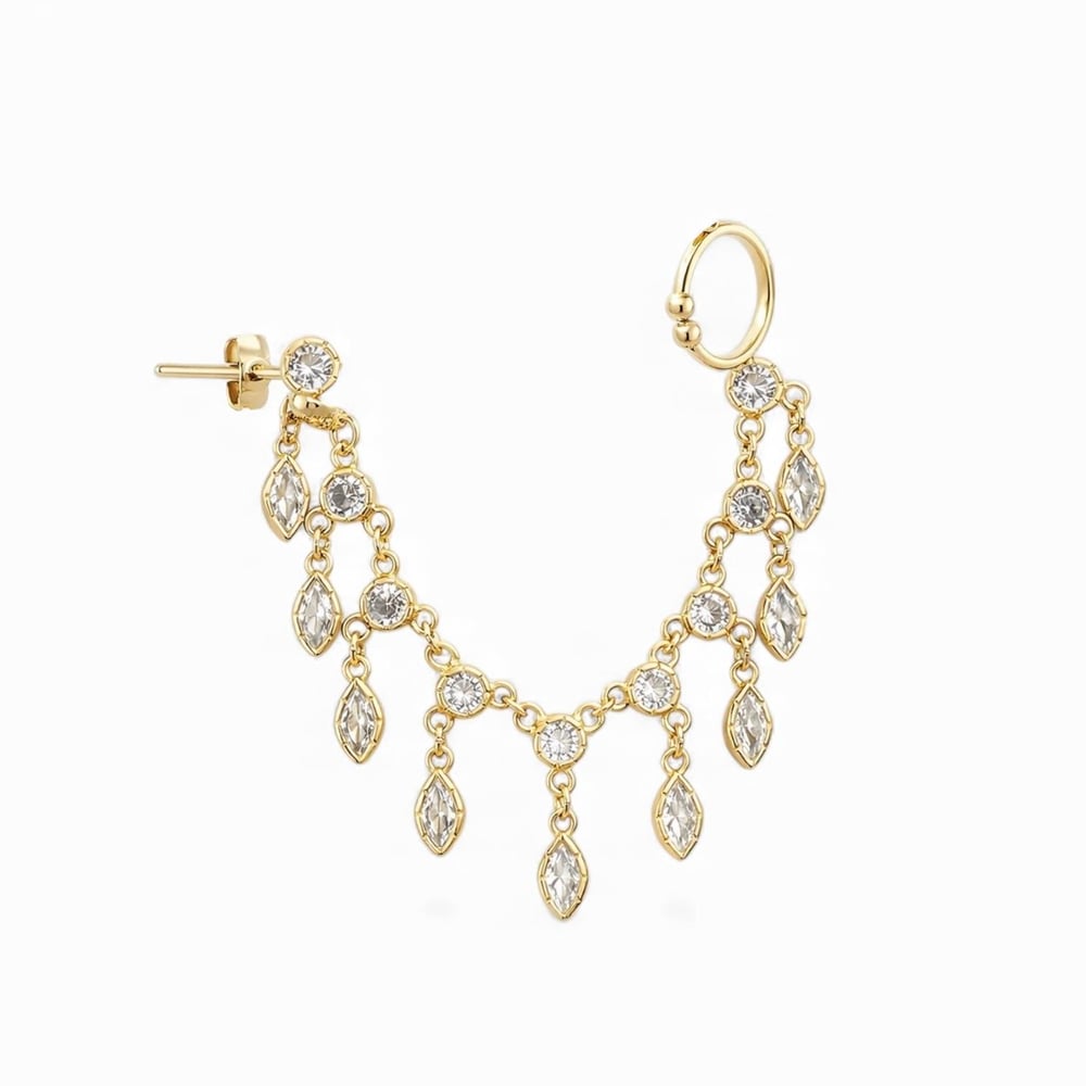 Damla Taşlı Zincir Sallantılı Tek Kulak İğneli Ear Cuff (Gold)