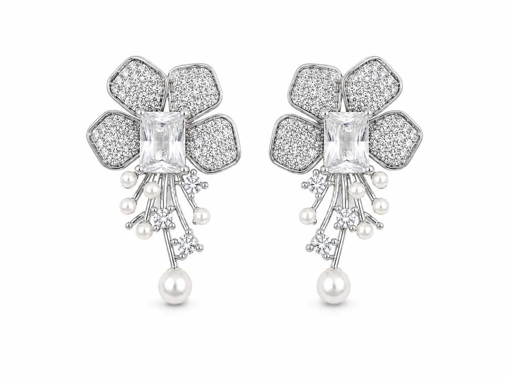 İncili Çiçek Küpe Silver