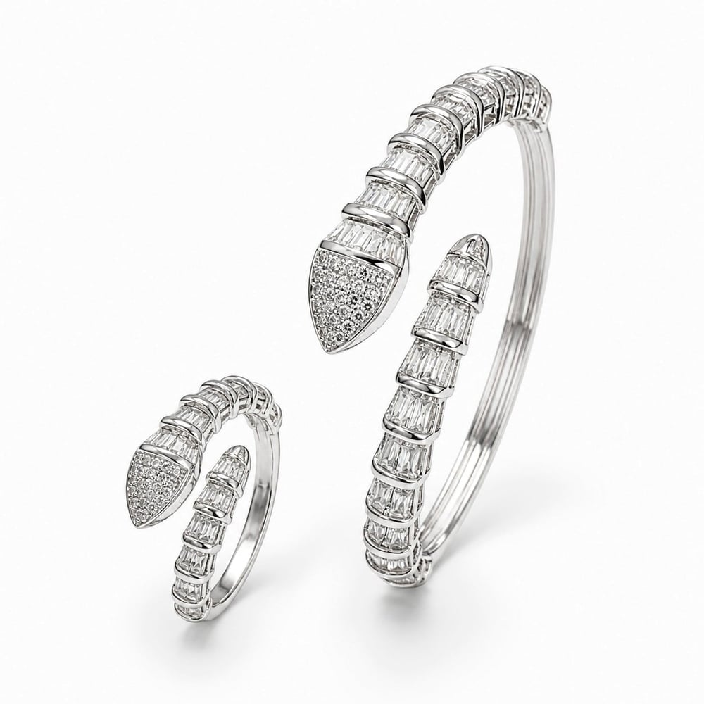 Nesly Diamond Serpent Baget Taşlı Gümüş Renk Bileklik ve Yüzük Seti