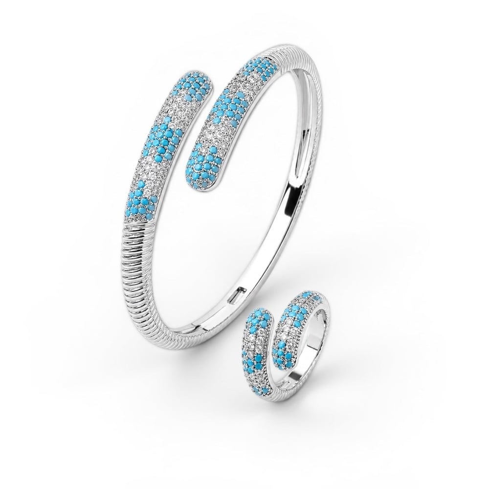 Turkuaz Taşlı 14K Silver Bileklik Yüzük Seti 