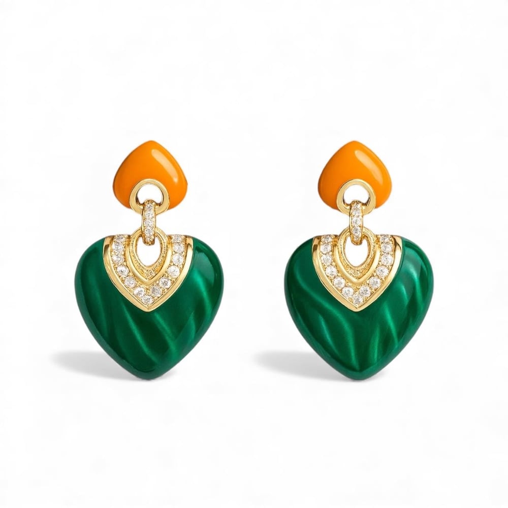 Turuncu-Gold-Yeşil Kalp küpe