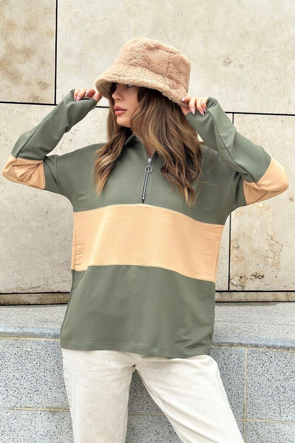 Kadın Haki Sweatshirt - 700-3471