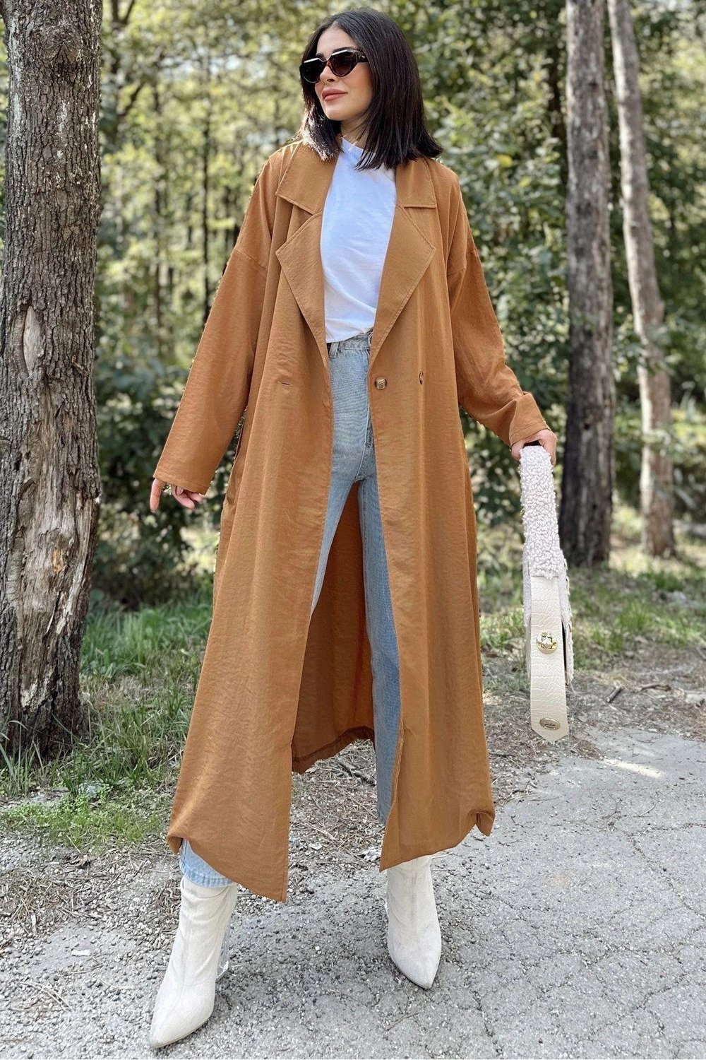 Kadın Taba Uzun Owersıze Cepli Trençkot- 700-3335