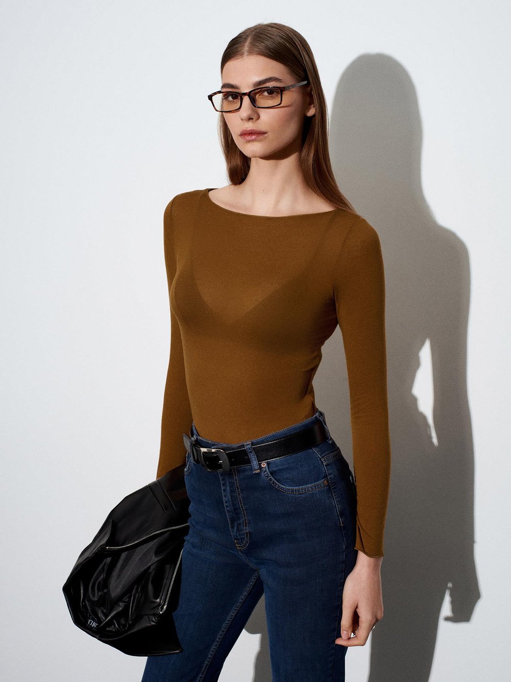 Koyu Kremit Renk Kadın Kaşmir Karışımlı Yumuşak Dokulu Pudra Slim Fit Bluz