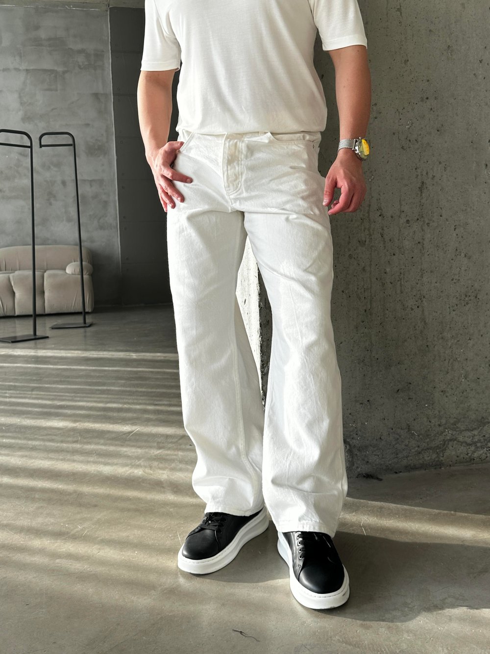 Beyaz GG Baggy Fit Kot Pantolon