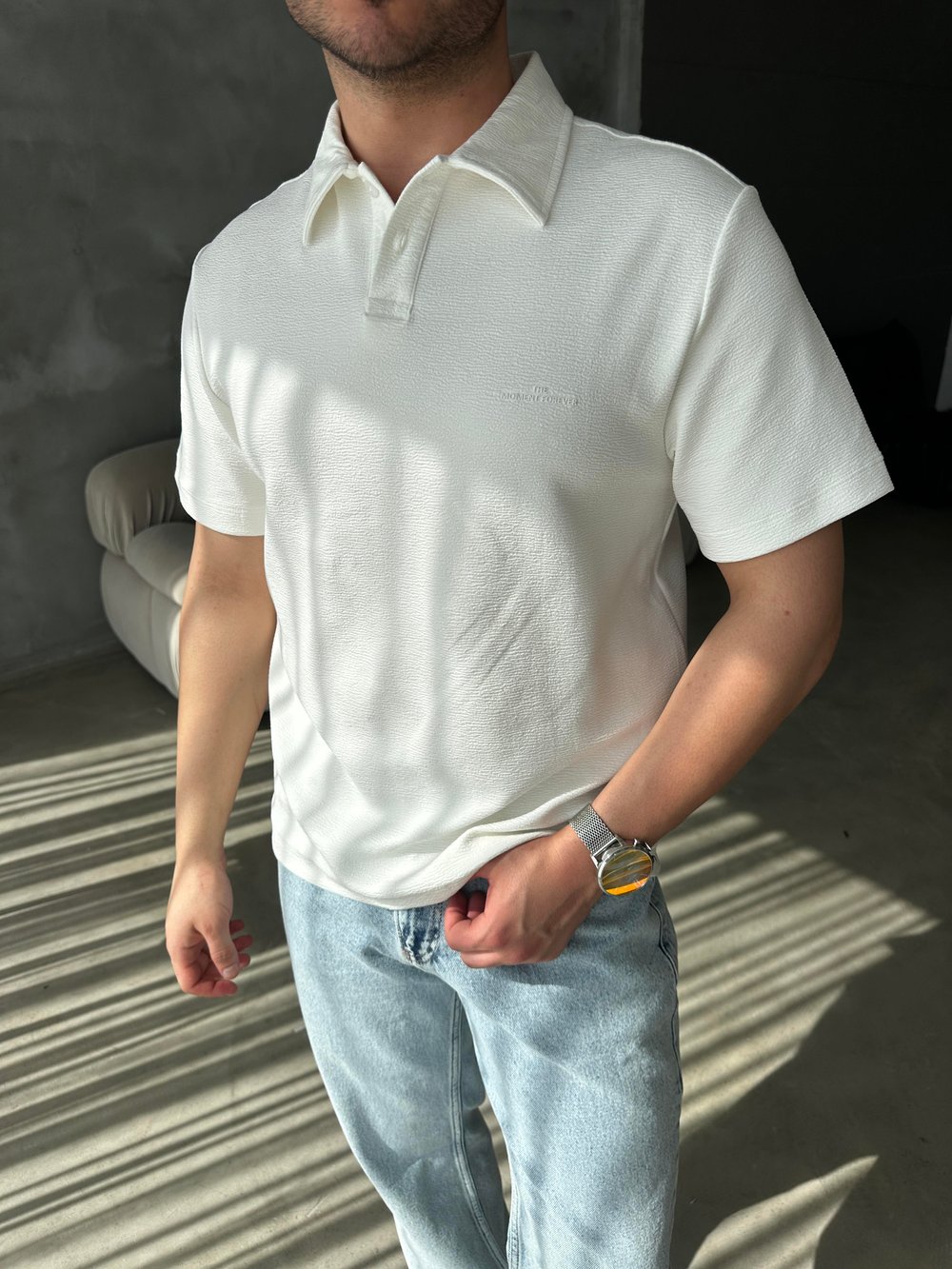 Beyaz Oysho Minimal Baskılı Polo Yaka