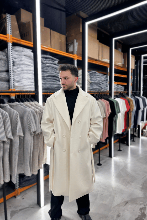 Krem Oversize Yan Kuşaklı Kaşe Kaban