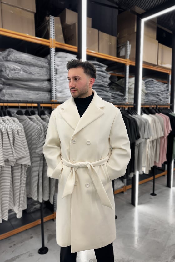 Krem Oversize Yan Kuşaklı Kaşe Kaban