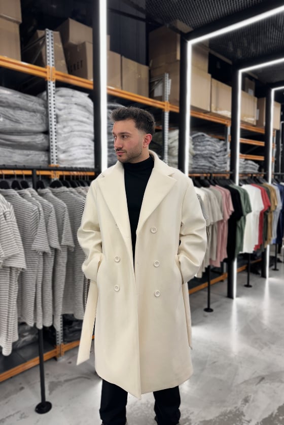 Krem Oversize Yan Kuşaklı Kaşe Kaban